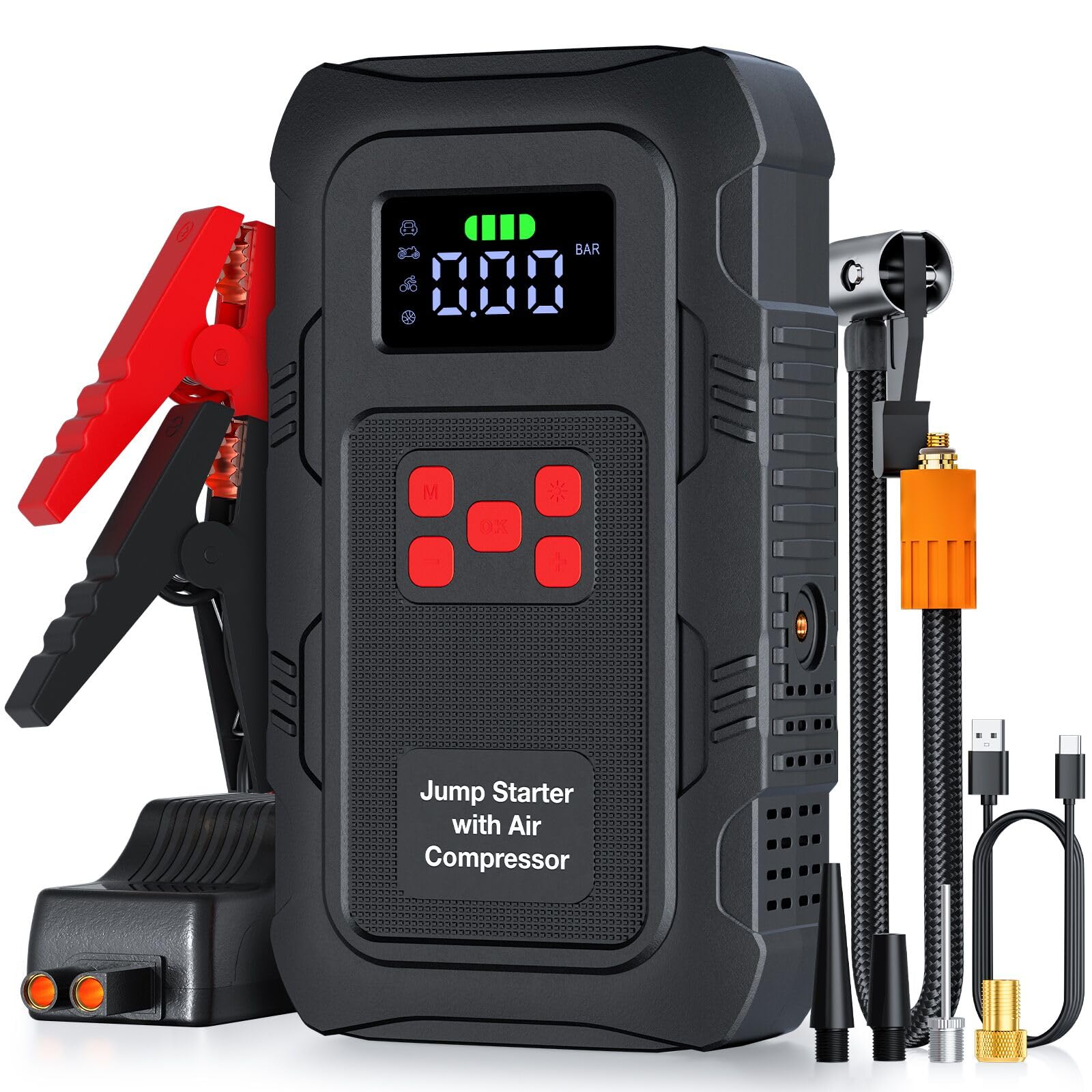 5000A Jump Starter with Air Compressor,A1 Car Jumper Starter with 150PSI Tire Inflator 12V Jump Box with LCD Display,Flashlight,